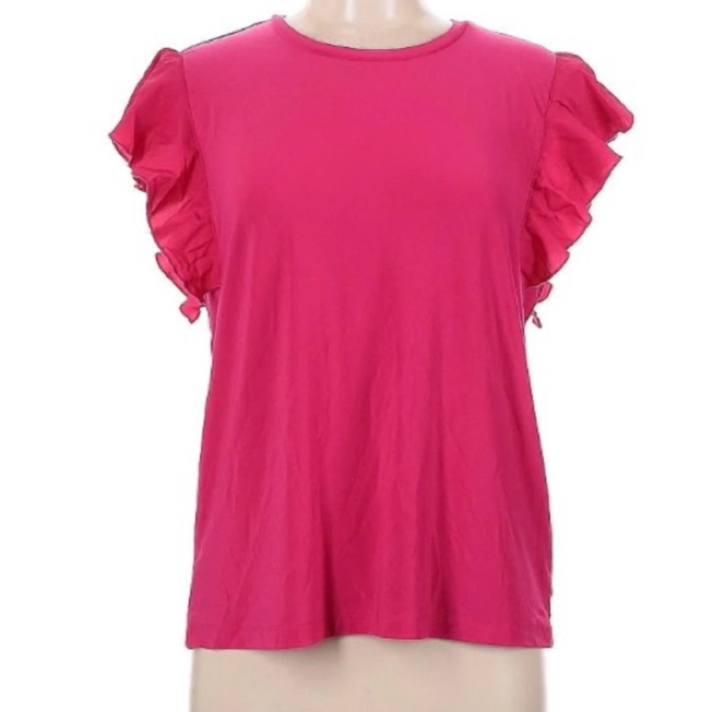 DKNY bright pink ruffle sleeves gold DKNY tag on back of collar size large NWOT